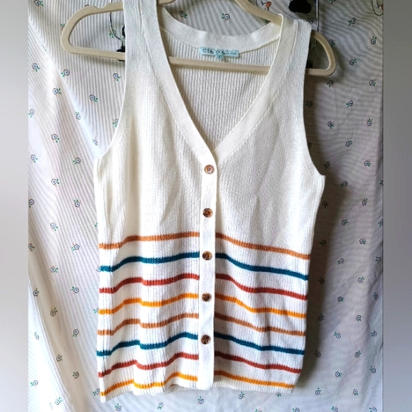 Cleo Women's Striped Button-Down Tank Top - White, Orange, Blue - Picture 1 of 4